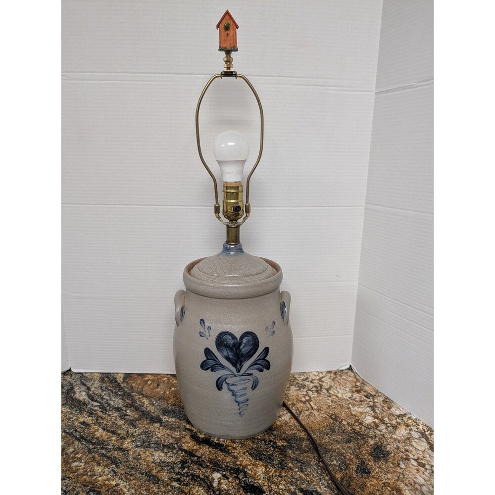 ROWE 1997 American stoneware crock lamp Cobalt Blue Heart Vintage Retro Decor